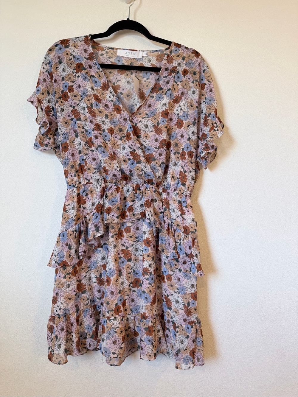 ASTR Floral Ruffle Wrap Dress in Mauve and Brown